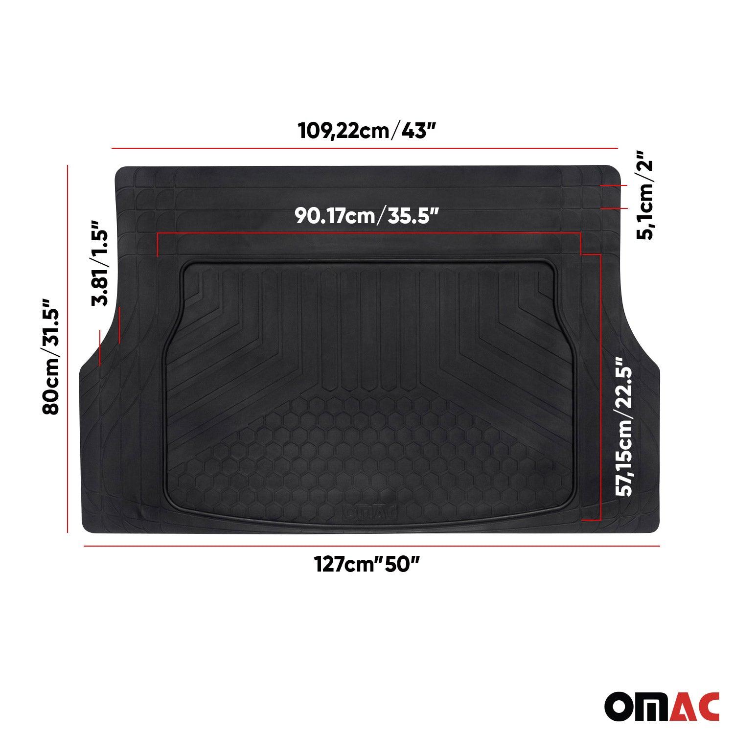 OMAC USA 2020-2026 Cadillac CT5 Universal Cargo Mats Liner All Weather Black Rubber, basic cargo liners, angled view