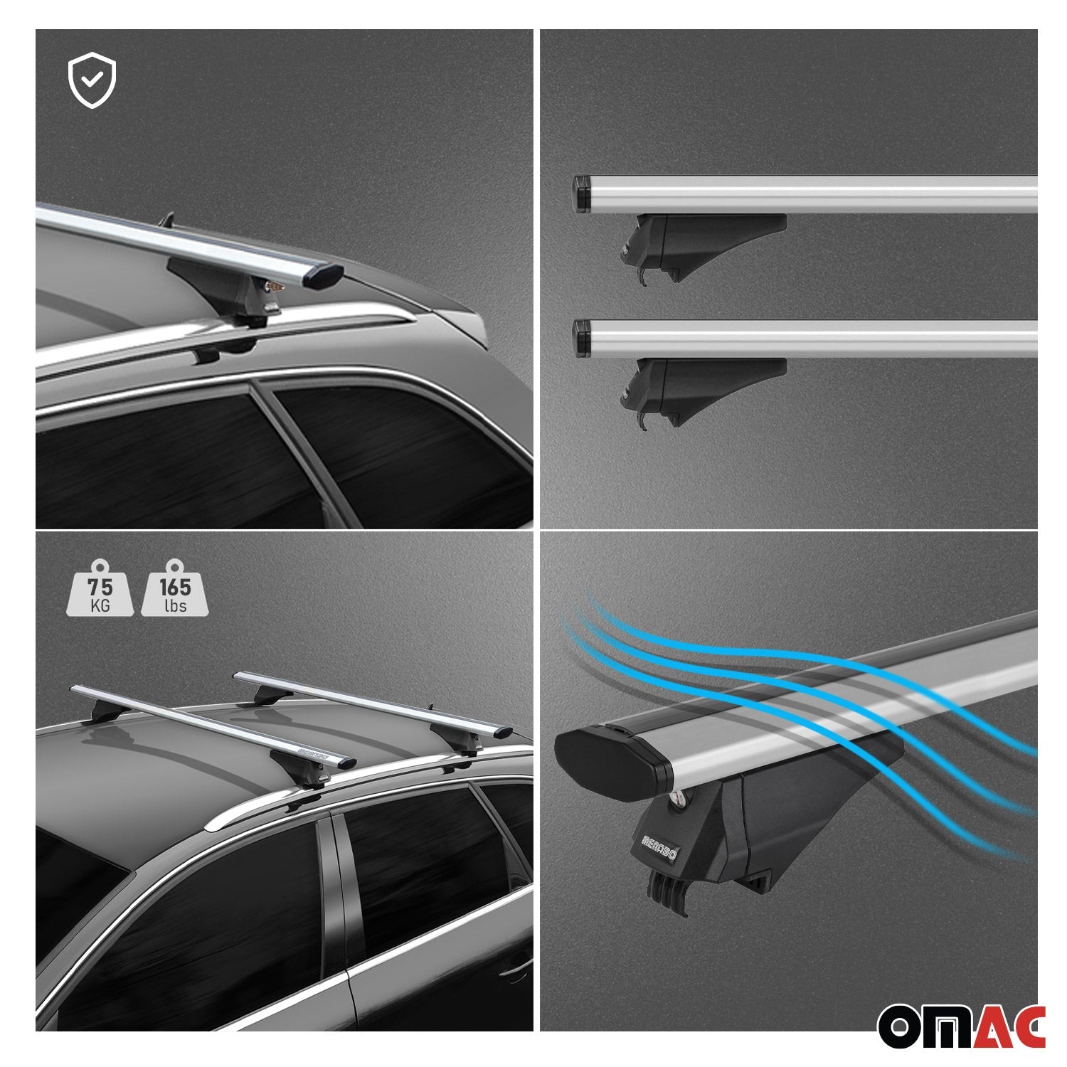 OMAC USA 2019-2025 Cadillac XT4 Roof Rack Cross Bars Silver, flush-mounted roof rails, product detail
