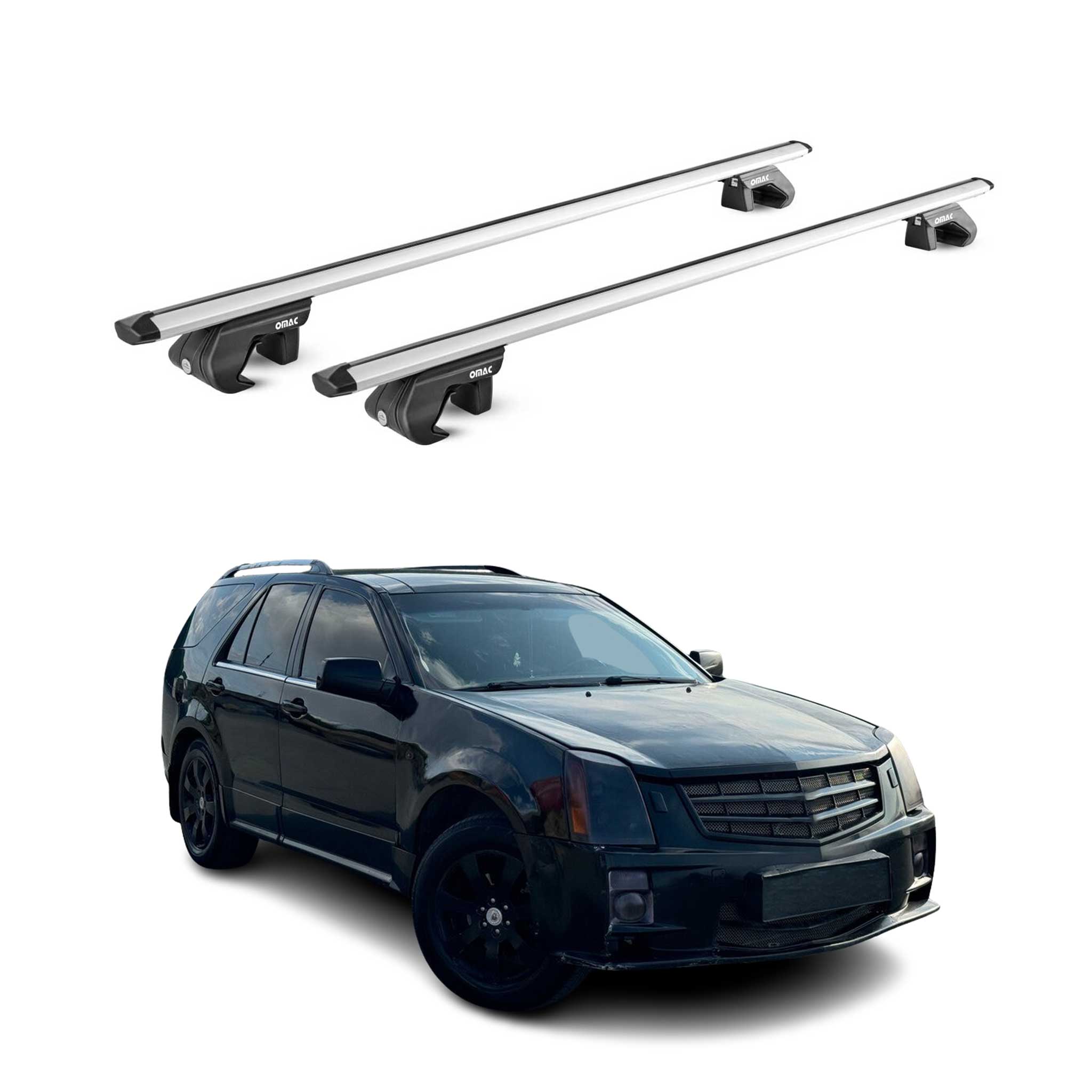 OMAC USA 2004-2009 Cadillac SRX Roof Rack Cross Bars Silver, raised roof rails