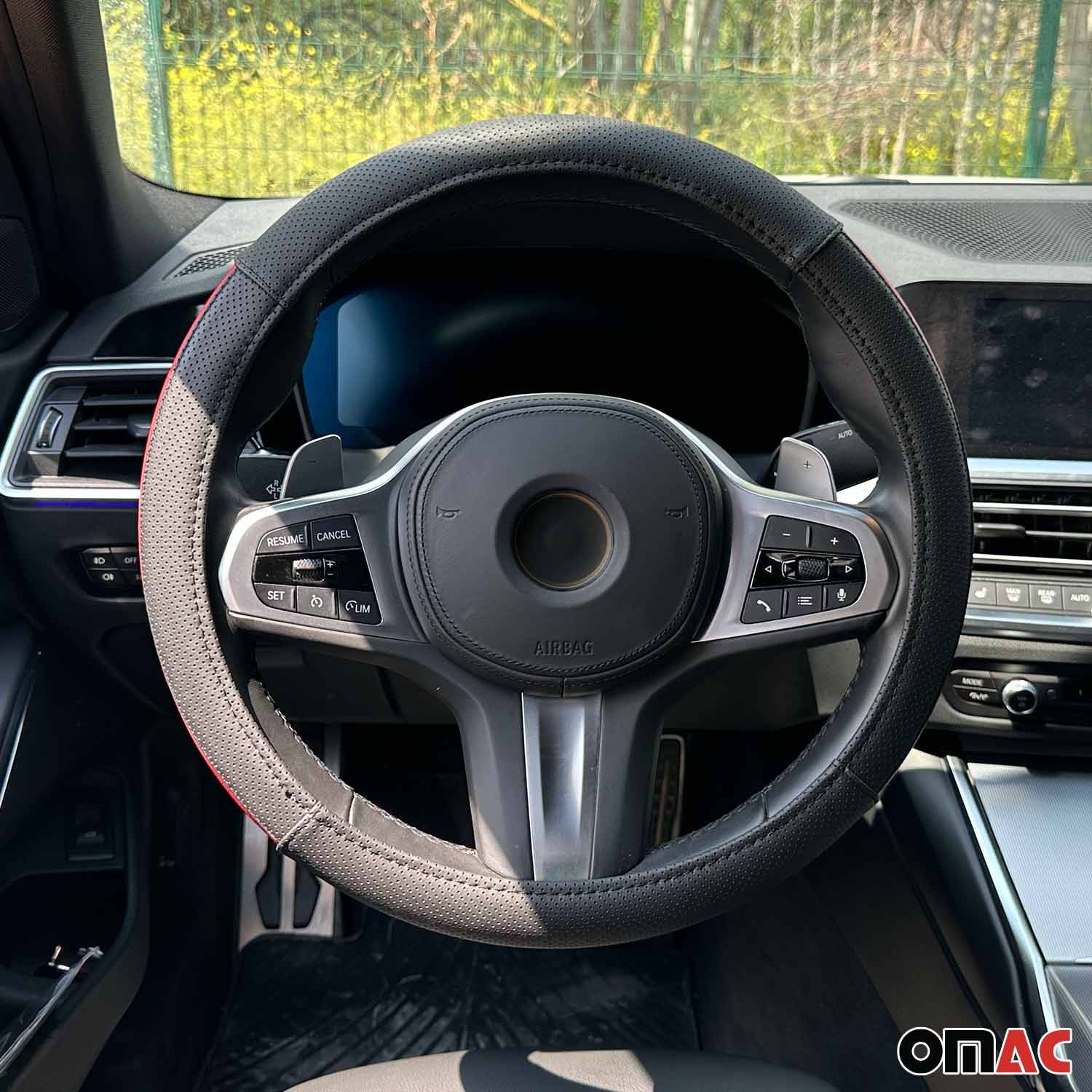 OMAC USA 14.5-15.5’’ Steering Wheel Cover Half Moon Red Leather Anti-slip Breathable, product detail