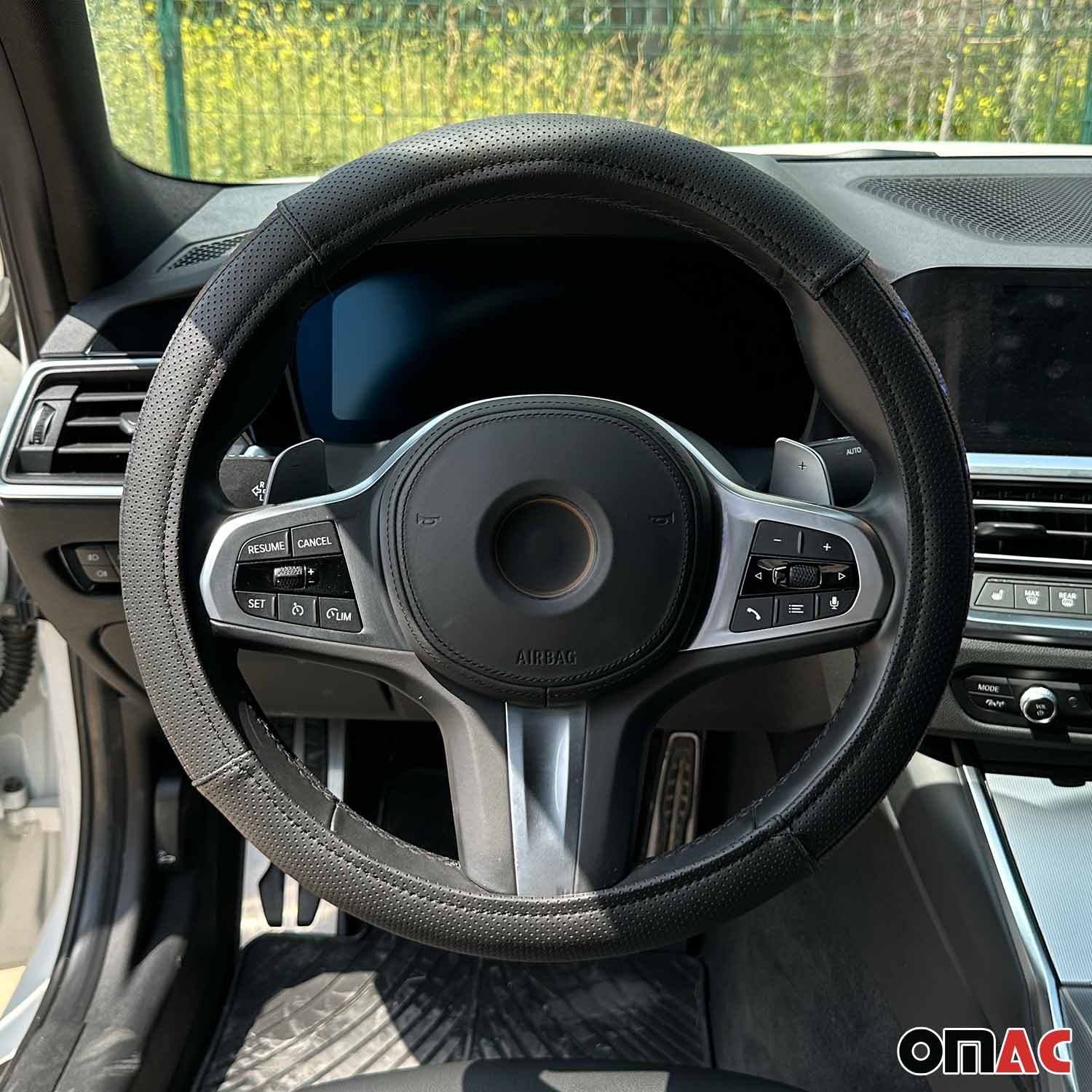 OMAC USA 14.5-15.5’’ Steering Wheel Cover Blue Stitch Leather Anti-slip Breathable, product detail