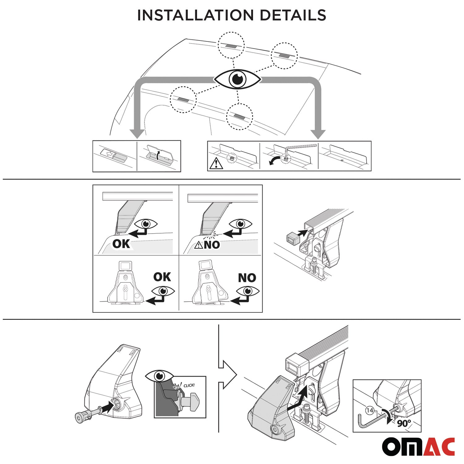 OMAC USA 2018-2024 Chevrolet Equinox Roof Rack Cross Bars Black, fixpoints, top view