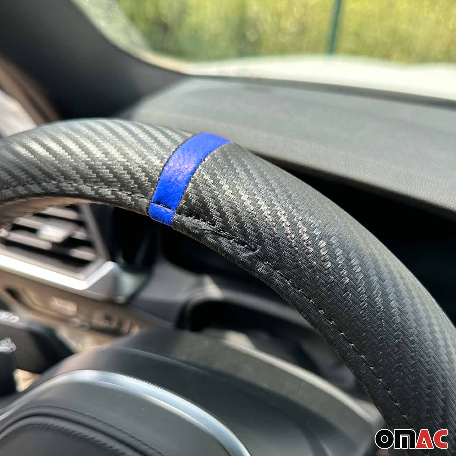 OMAC USA 14.5-15.5’’ Steering Wheel Cover Blue Stripe Leather Anti-slip Breathable, reverse view