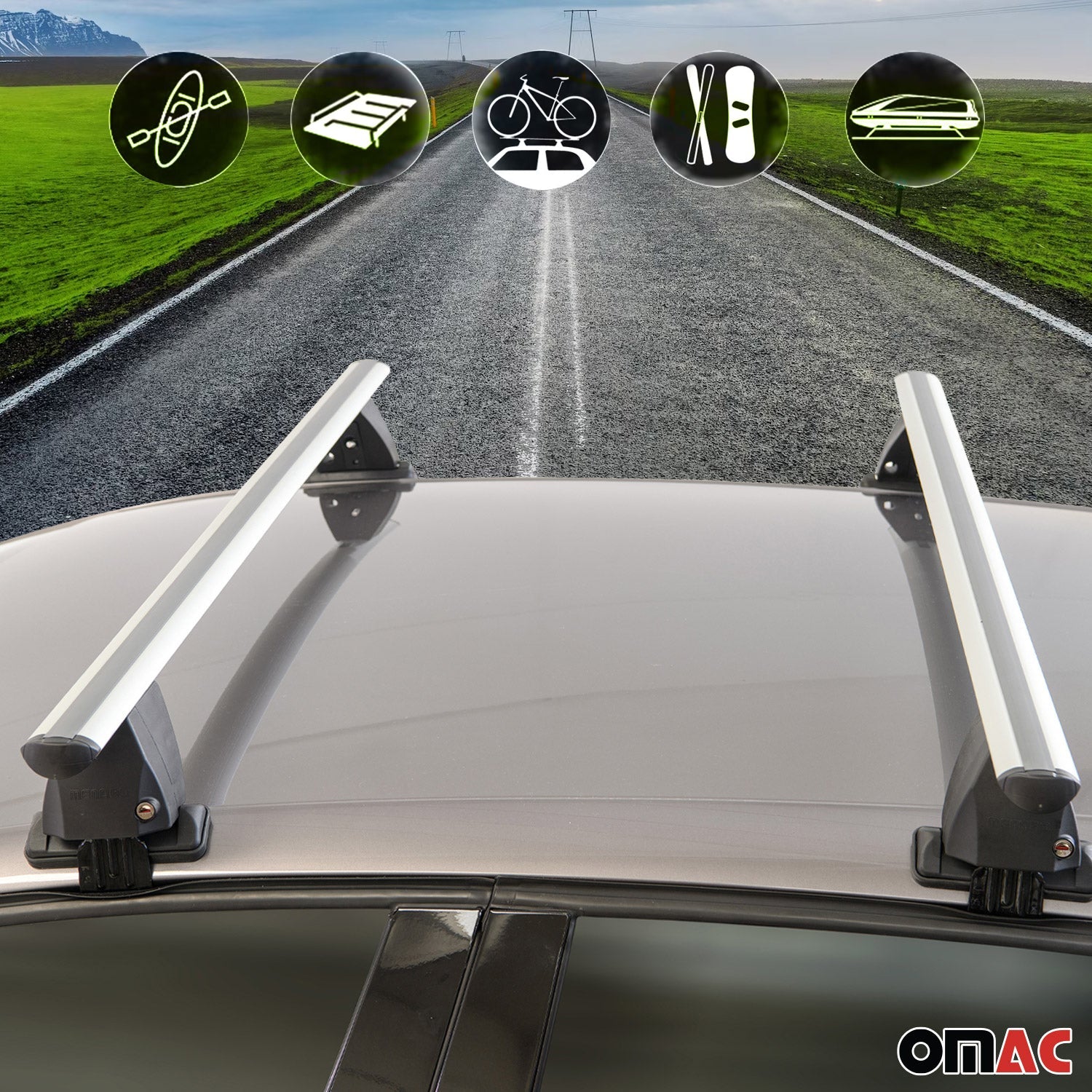 OMAC USA 2016-2022 Chevrolet Spark Roof Rack Cross Bars Silver, smooth/naked roof racks, close-up detail