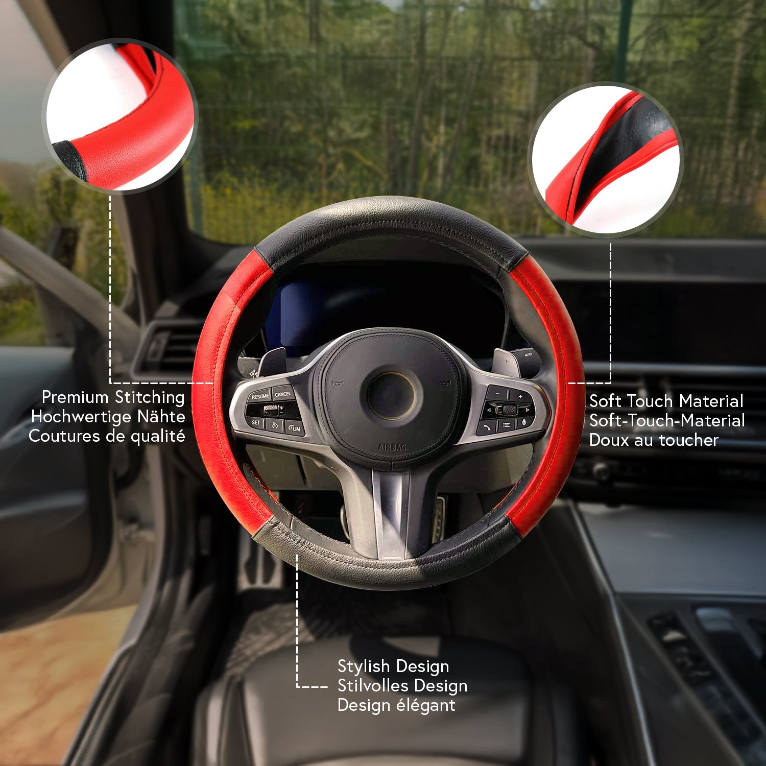 OMAC USA 14.5-15.5’’ Steering Wheel Cover Red Black Leather Anti-slip Breathable, alternate view