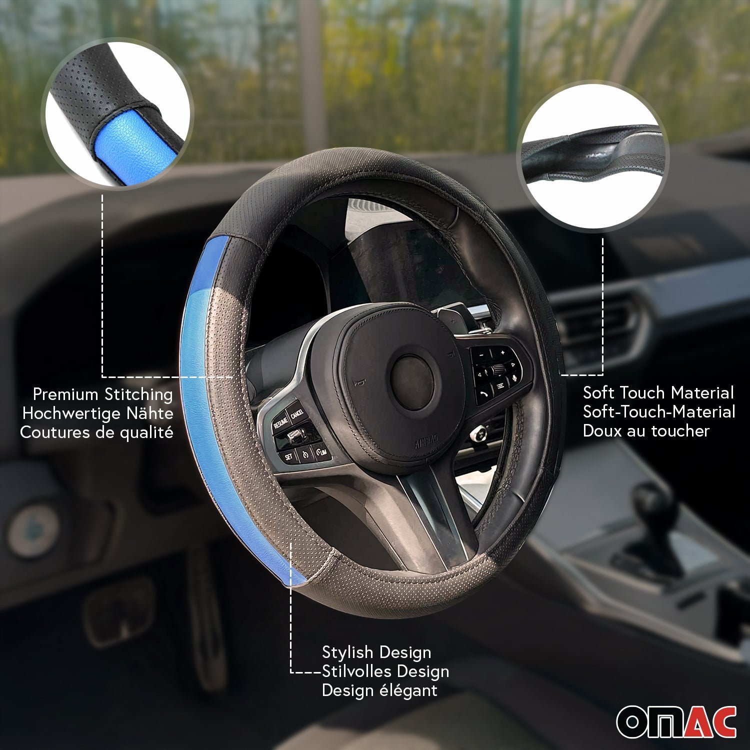 OMAC USA 14.5-15.5’’ Steering Wheel Cover Half Moon Blue Leather Anti-slip Breathable, alternate view