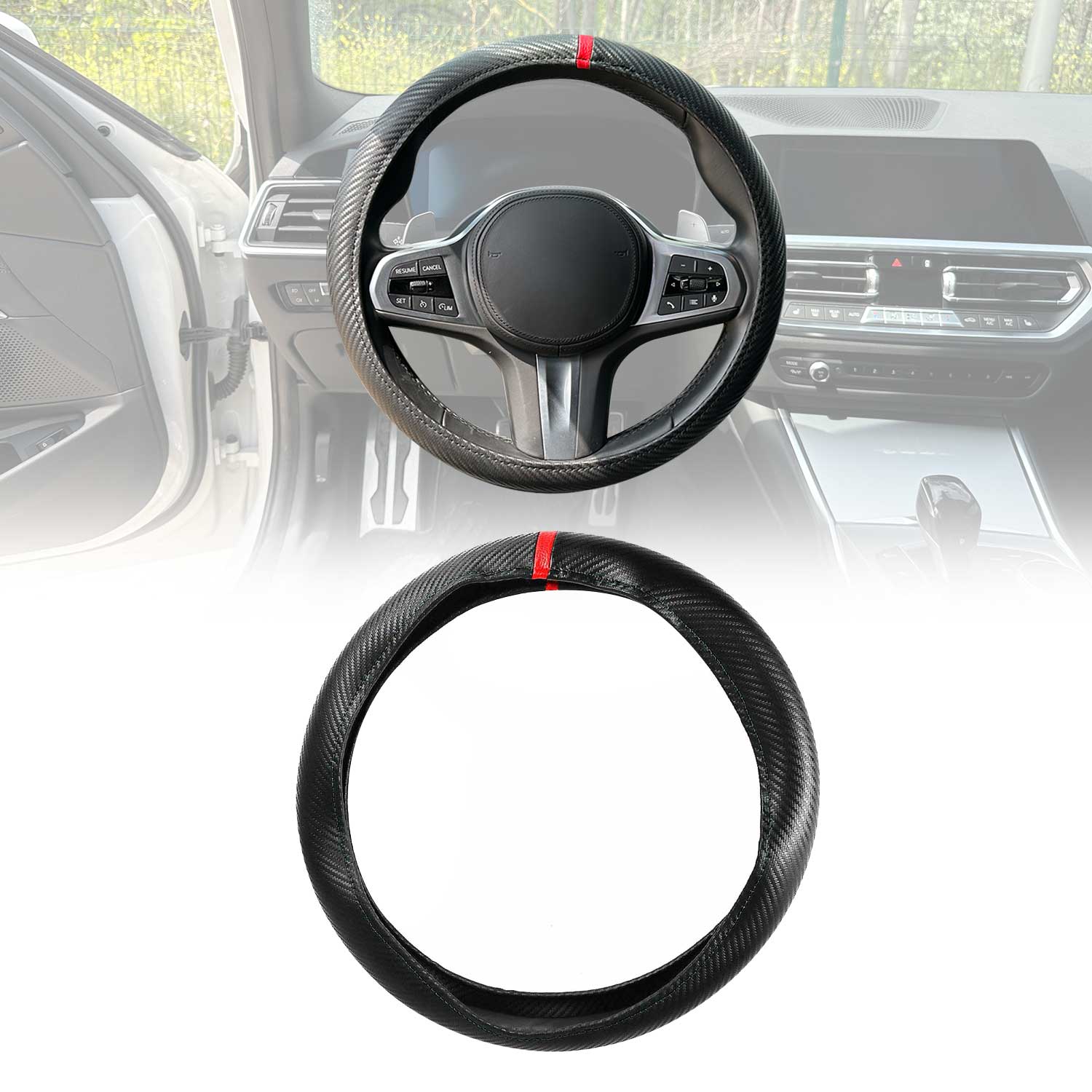 OMAC USA 14.5-15.5’’ Steering Wheel Cover Red Stripe Leather Anti-slip Breathable