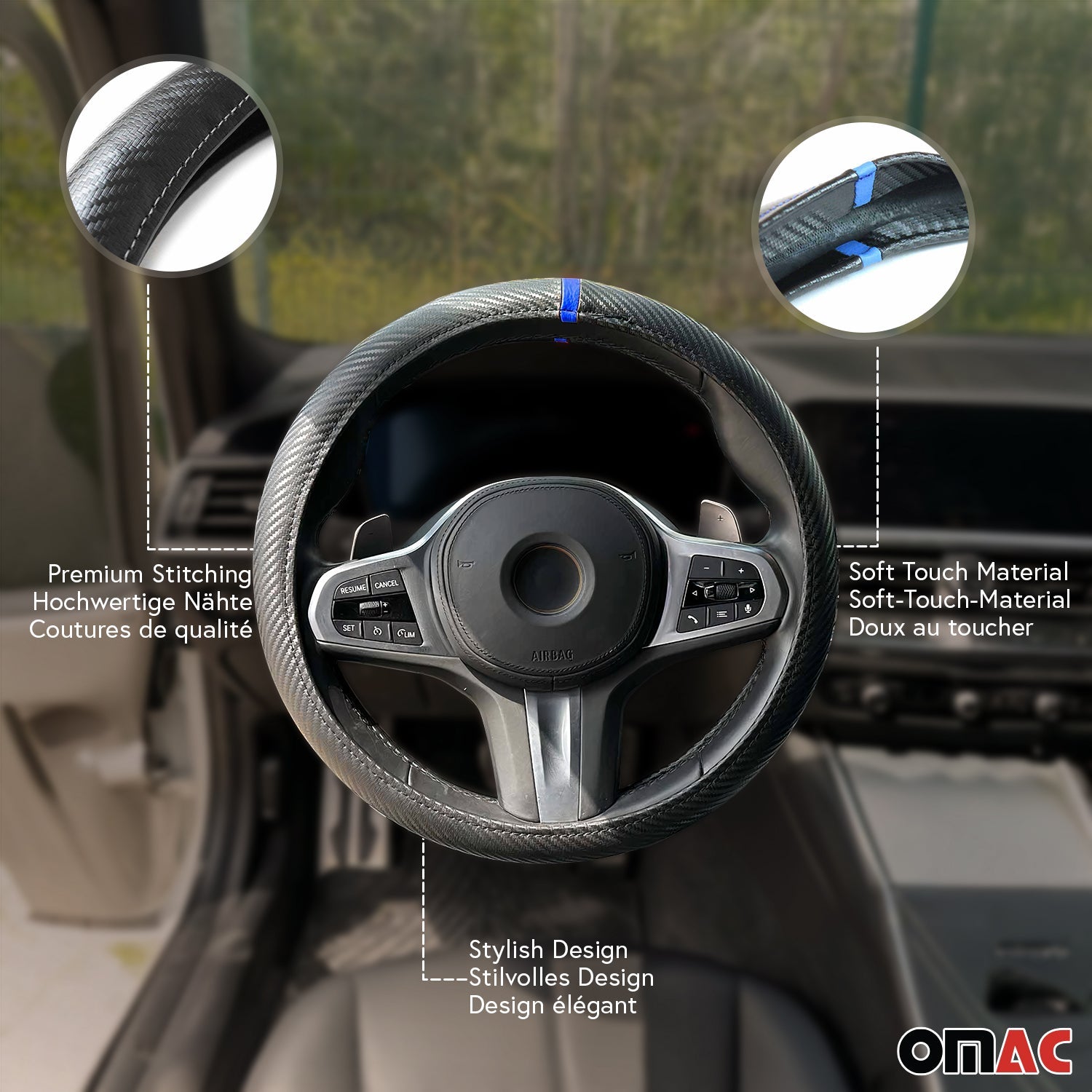 OMAC USA 14.5-15.5’’ Steering Wheel Cover Blue Stripe Leather Anti-slip Breathable, alternate view