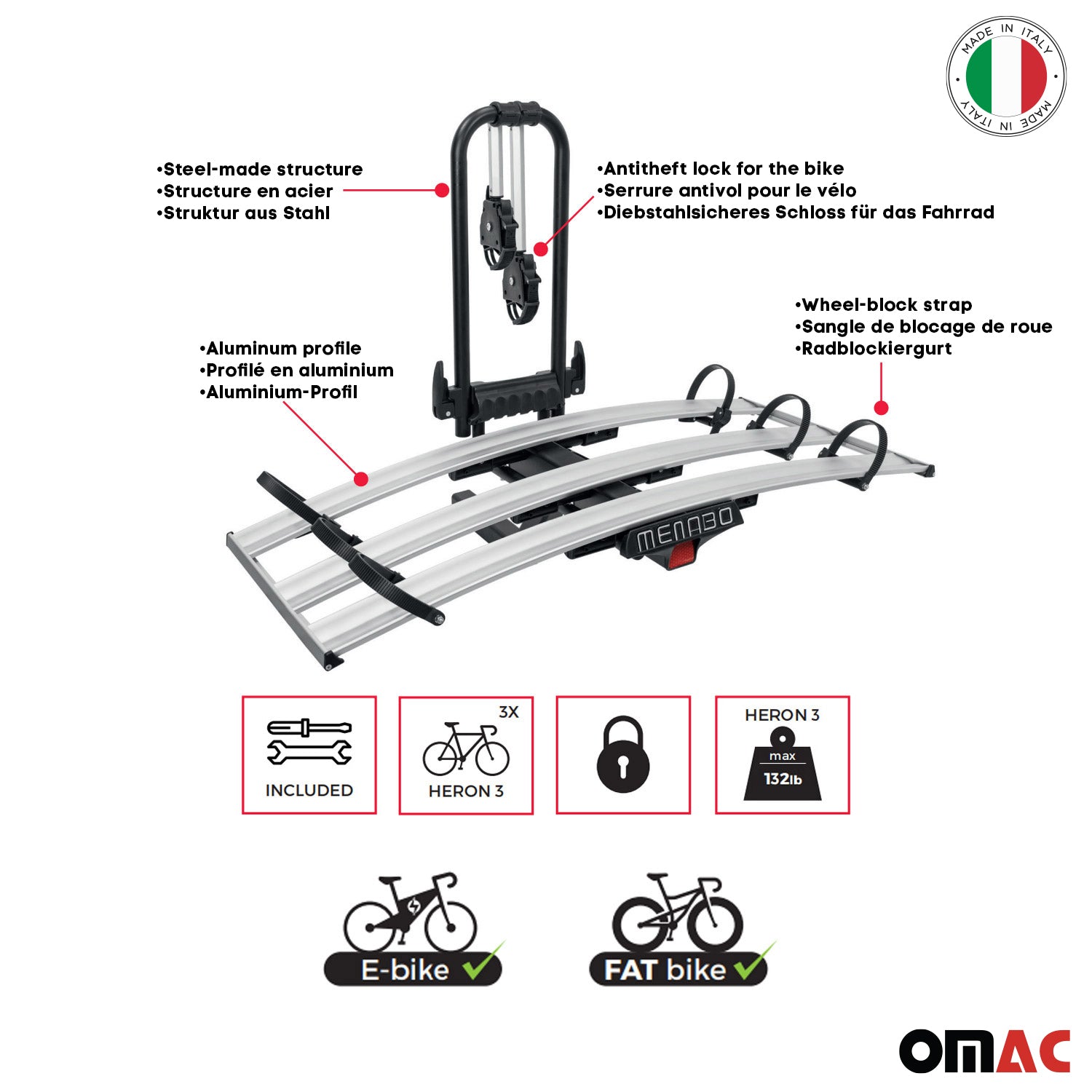 OMAC USA 3 Bicycle Carrier 2” Receiver Hitch Mounted Foldable Rack SUV Truck Car, trunk bike racks, alternate view