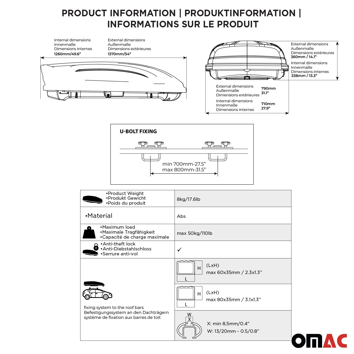 OMAC USA Roof Cargo Box 11 Cubic Feet Black, roof boxes, close-up detail