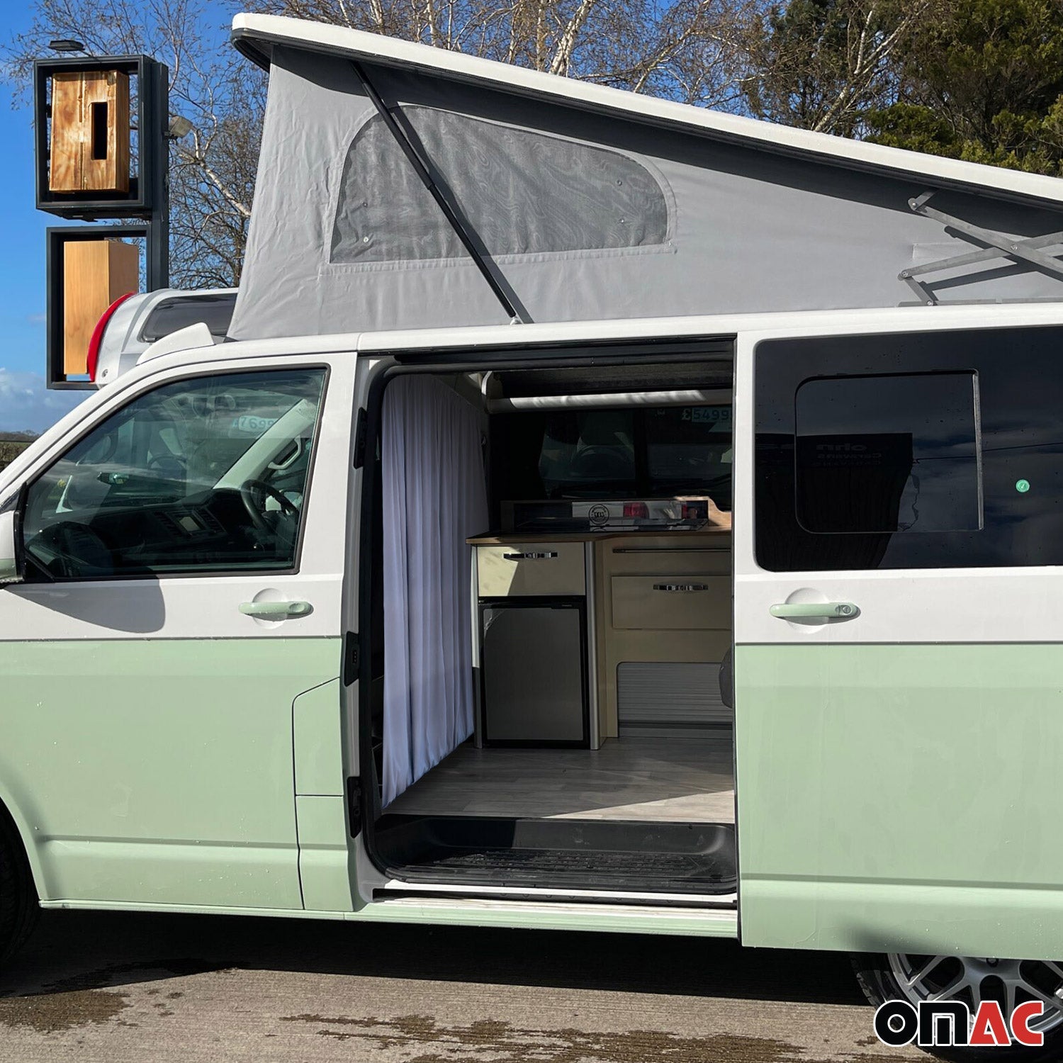 OMAC USA Chevrolet Express Cabin Divider Curtains Privacy Curtains Gray 2 Curtains, angled view