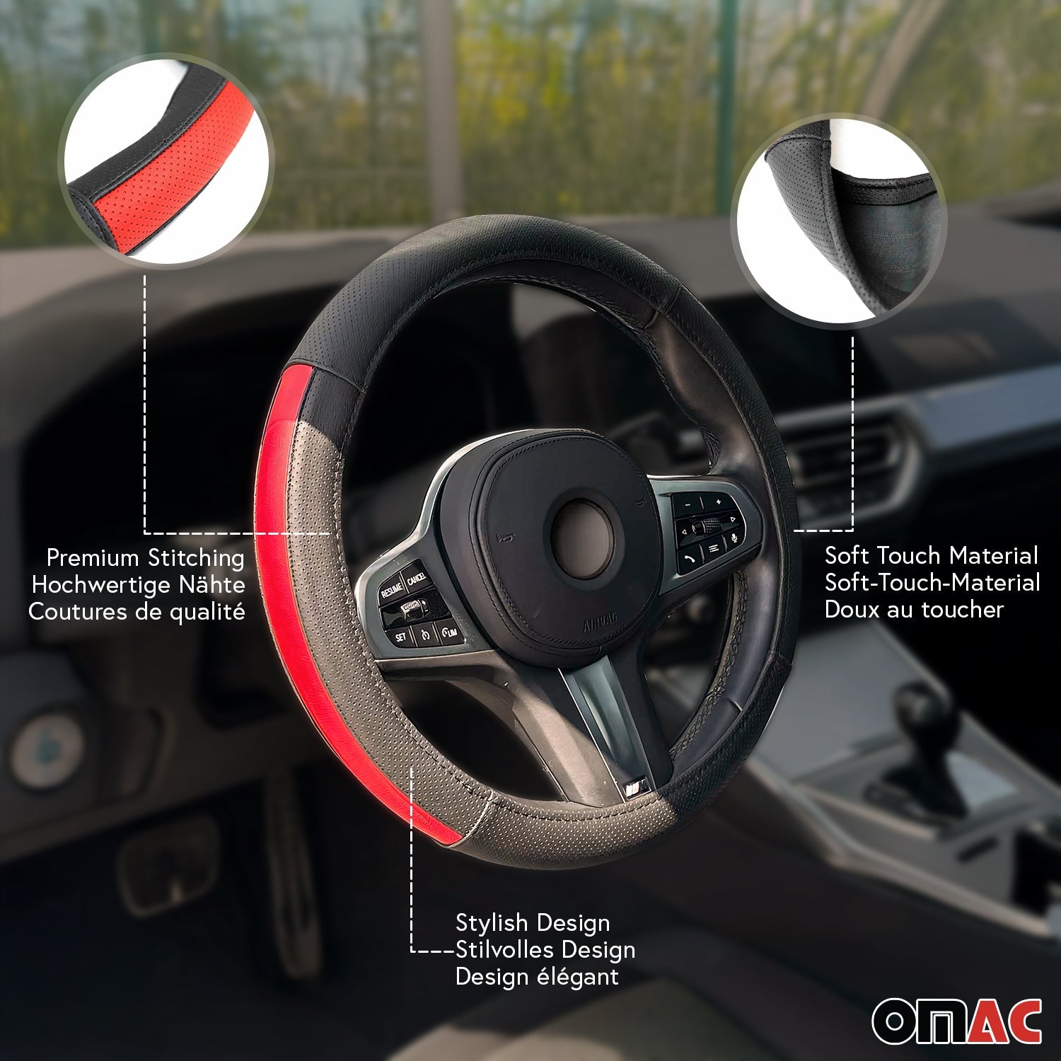 OMAC USA 14.5-15.5’’ Steering Wheel Cover Half Moon Red Leather Anti-slip Breathable, alternate view