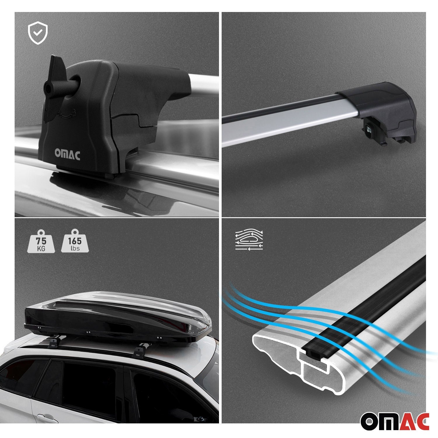 OMAC USA 2013-2016 Buick Encore Roof Rack Cross Bars Silver, flush-mounted roof rails, close-up detail