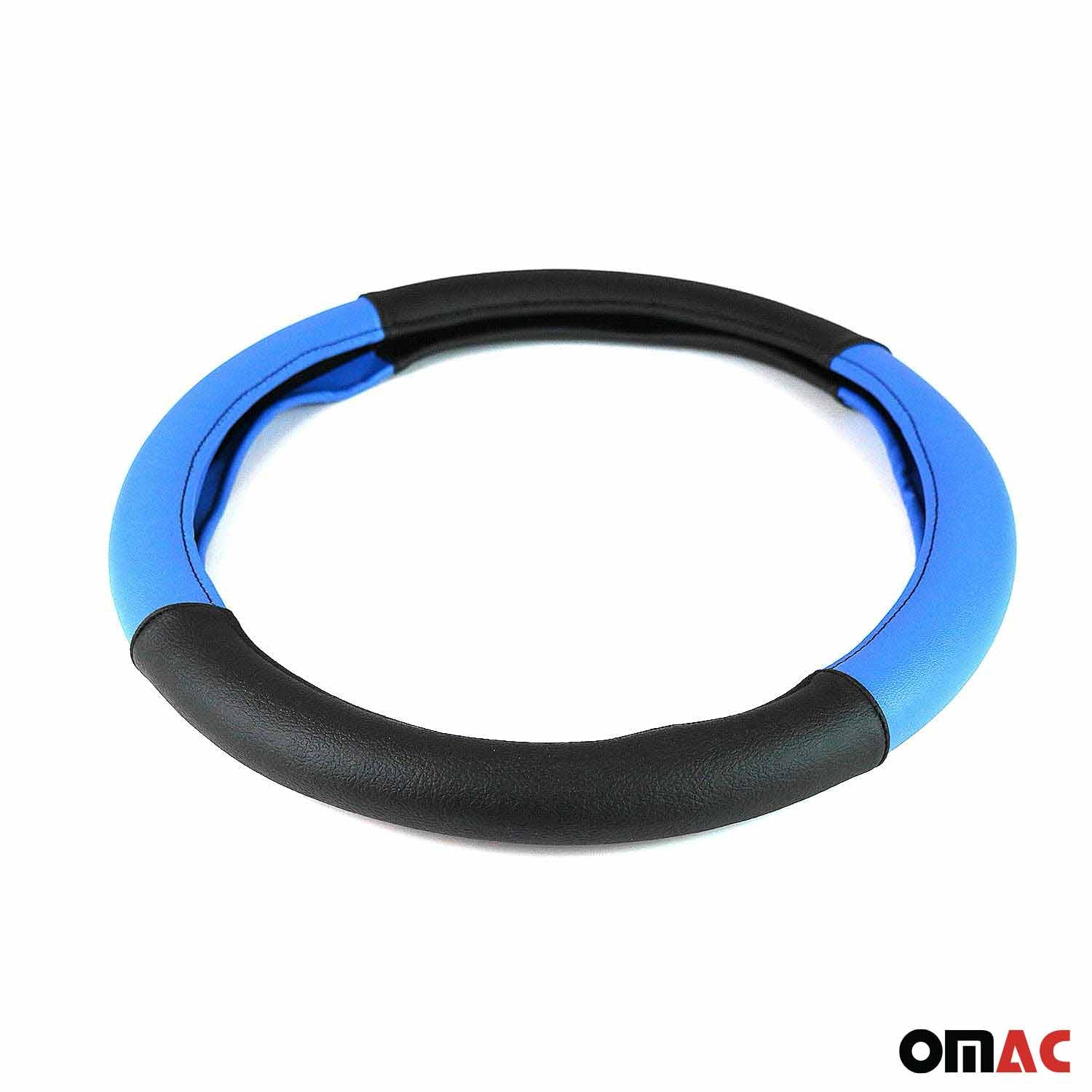 OMAC USA 14.5-15.5’’ Steering Wheel Cover Blue Black Leather Anti-slip Breathable, top view
