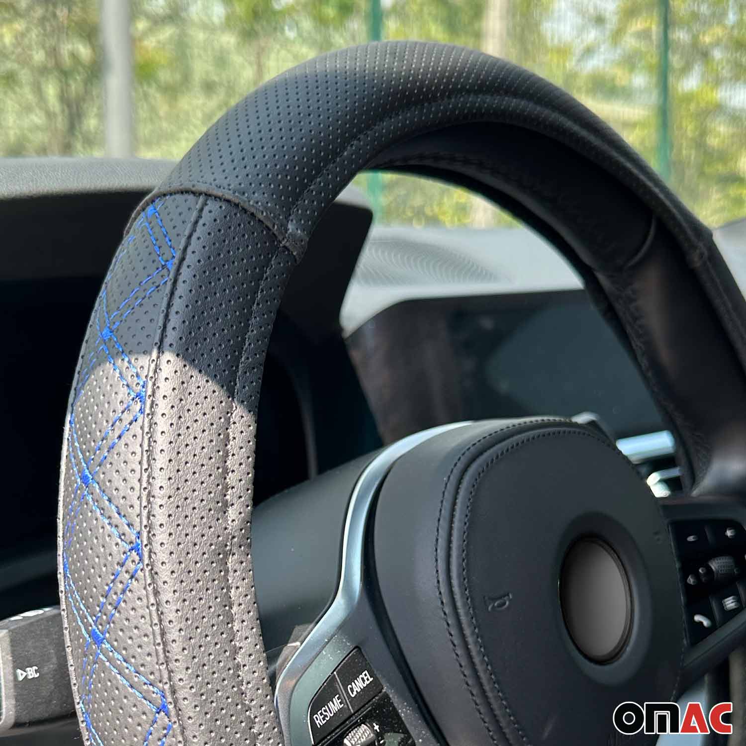 OMAC USA 14.5-15.5’’ Steering Wheel Cover Blue Stitch Leather Anti-slip Breathable, reverse view