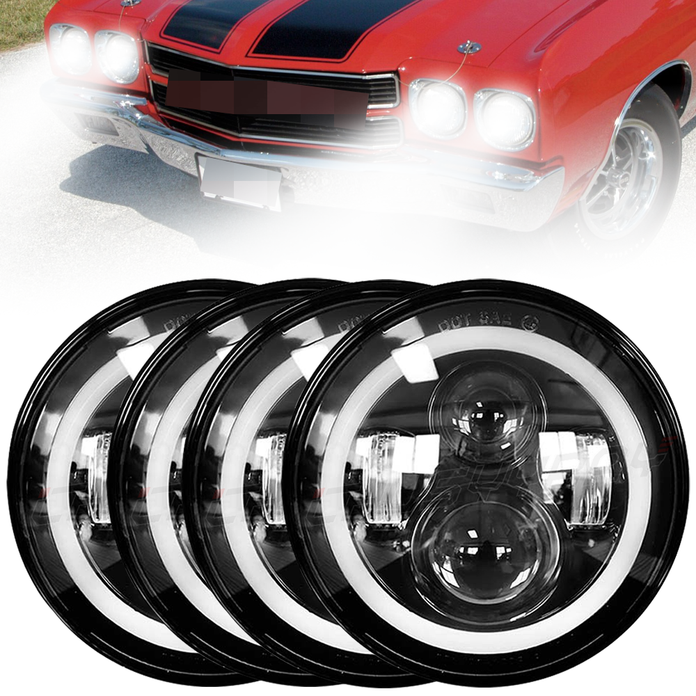 Set of four NTXGlow 5.75-inch round projector LED halo headlights with bright, clear illumination on a black background.