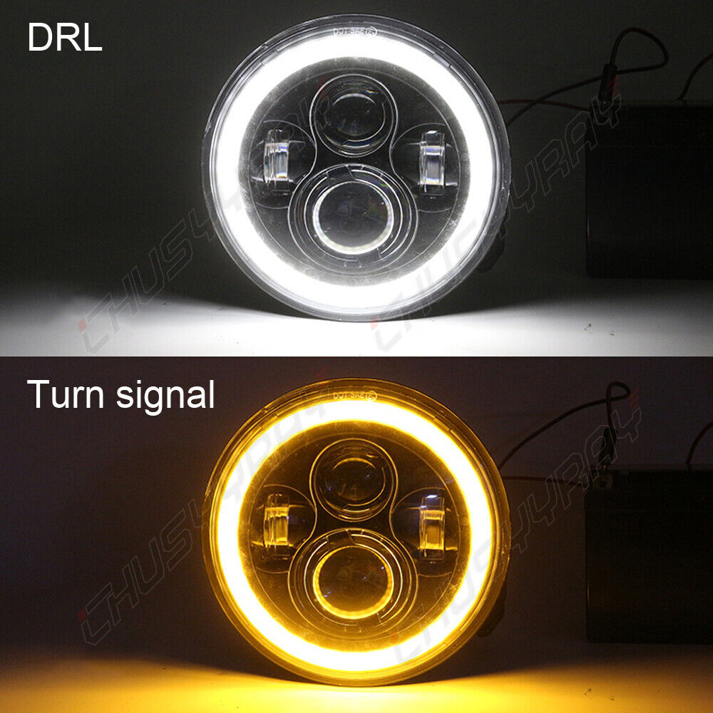 Round 5.75-inch LED halo projector headlights by NTXGlow, featuring bright, circular light rings for vehicle headlight upgrades.
