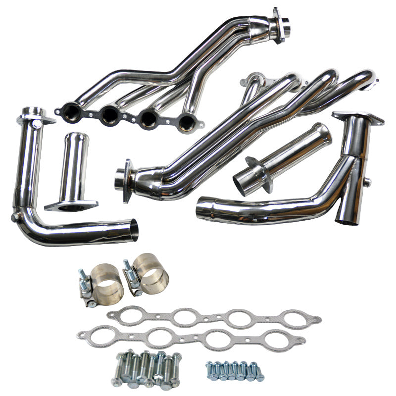 Polished stainless steel SPDZ1 long tube headers with Y-pipe for Chevy Silverado, Tahoe, GMC Sierra, and Yukon 2007-2014.
