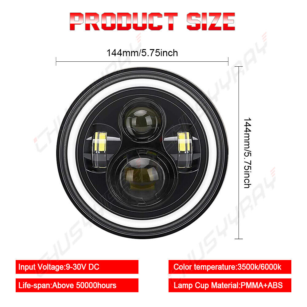 4x NTXGlow 5.75-inch round projector LED halo headlights with clear lenses and chrome housing, designed for automotive lighting.
