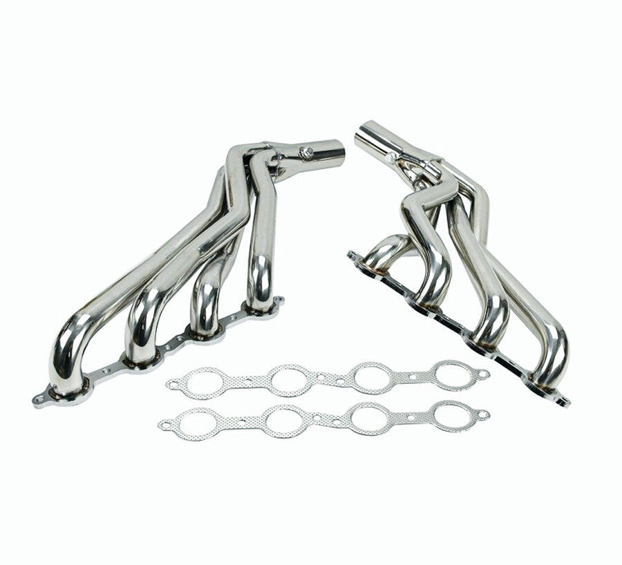 Polished stainless steel SPDZ1 long tube headers for Chevy Silverado, Suburban, Tahoe, GMC Sierra, Yukon 2007-2014, V8 engines.