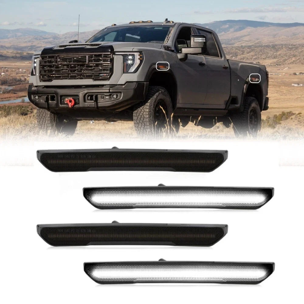 AutoLEDTech.com 2020-2026+ GMC Sierra HD 2500 Smoked White Amber SCANNING LED Side Markers, alternate view