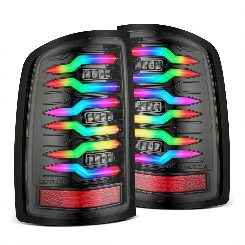 NTXGlow RGB tail lights for 2007-2013 GMC Sierra, showing illuminated red and clear lens with sleek design.